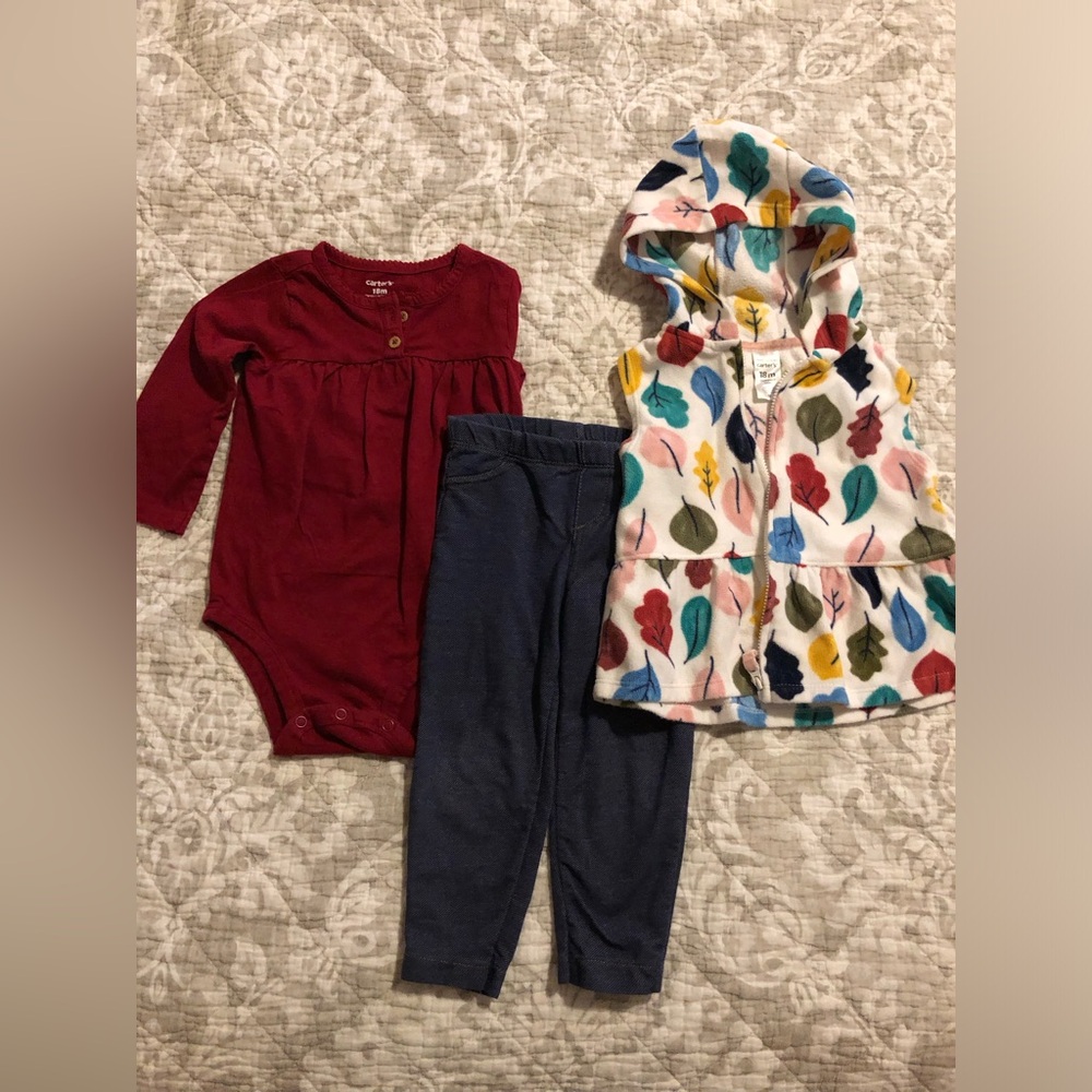 Carter's Burgundy Bodysuit and Leaf Print Vest Set